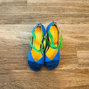 Beautiful blue and green suede, chunky heel